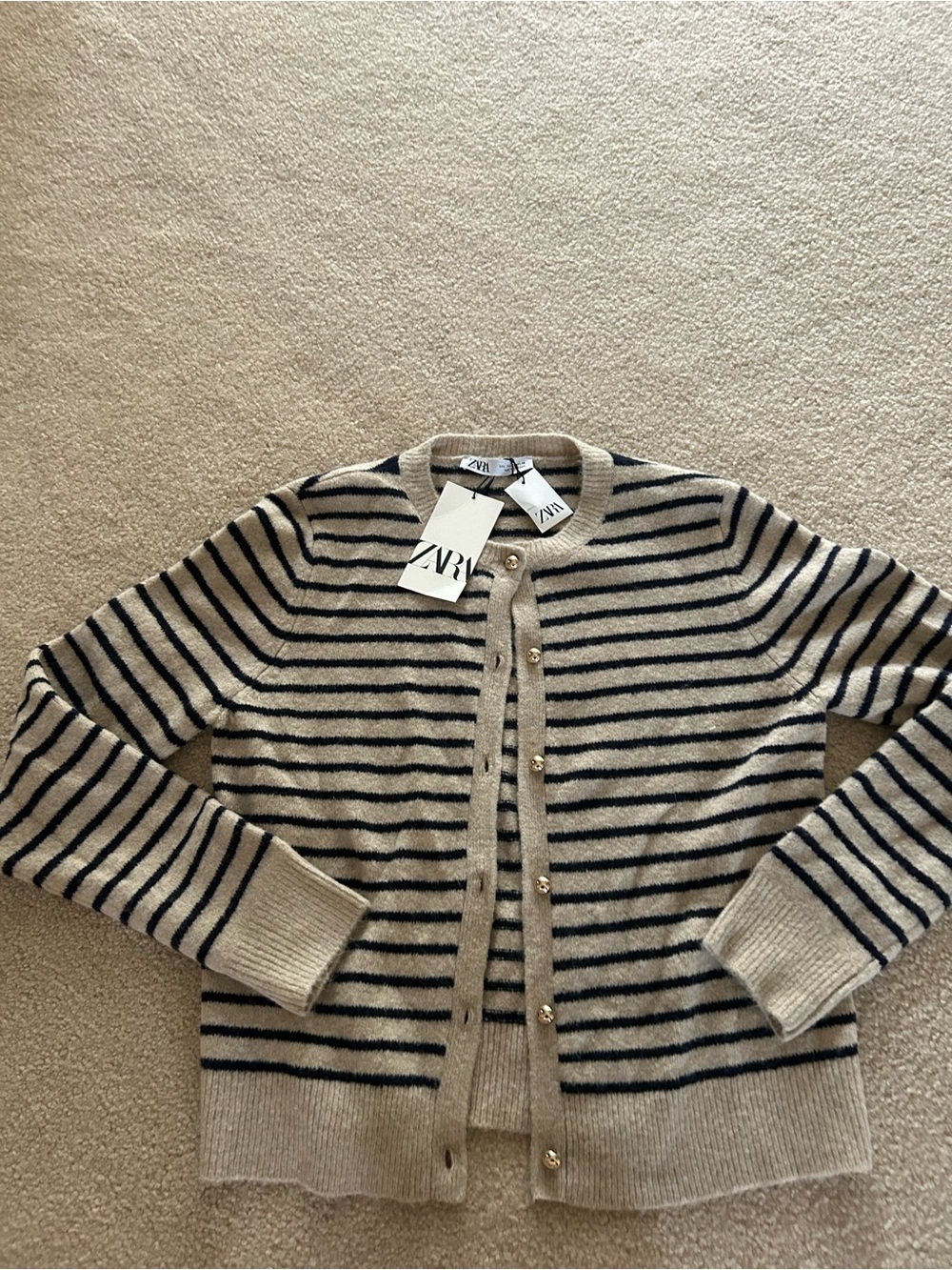 Zara Beige and Black Striped Crewneck Cardigan